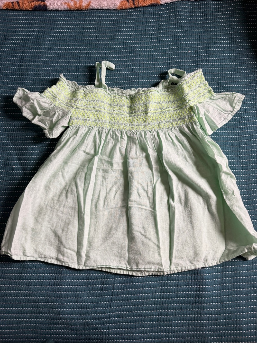 Cat & Jack Mint Green Off-Shoulder Smocked Top with Yellow Stitching
